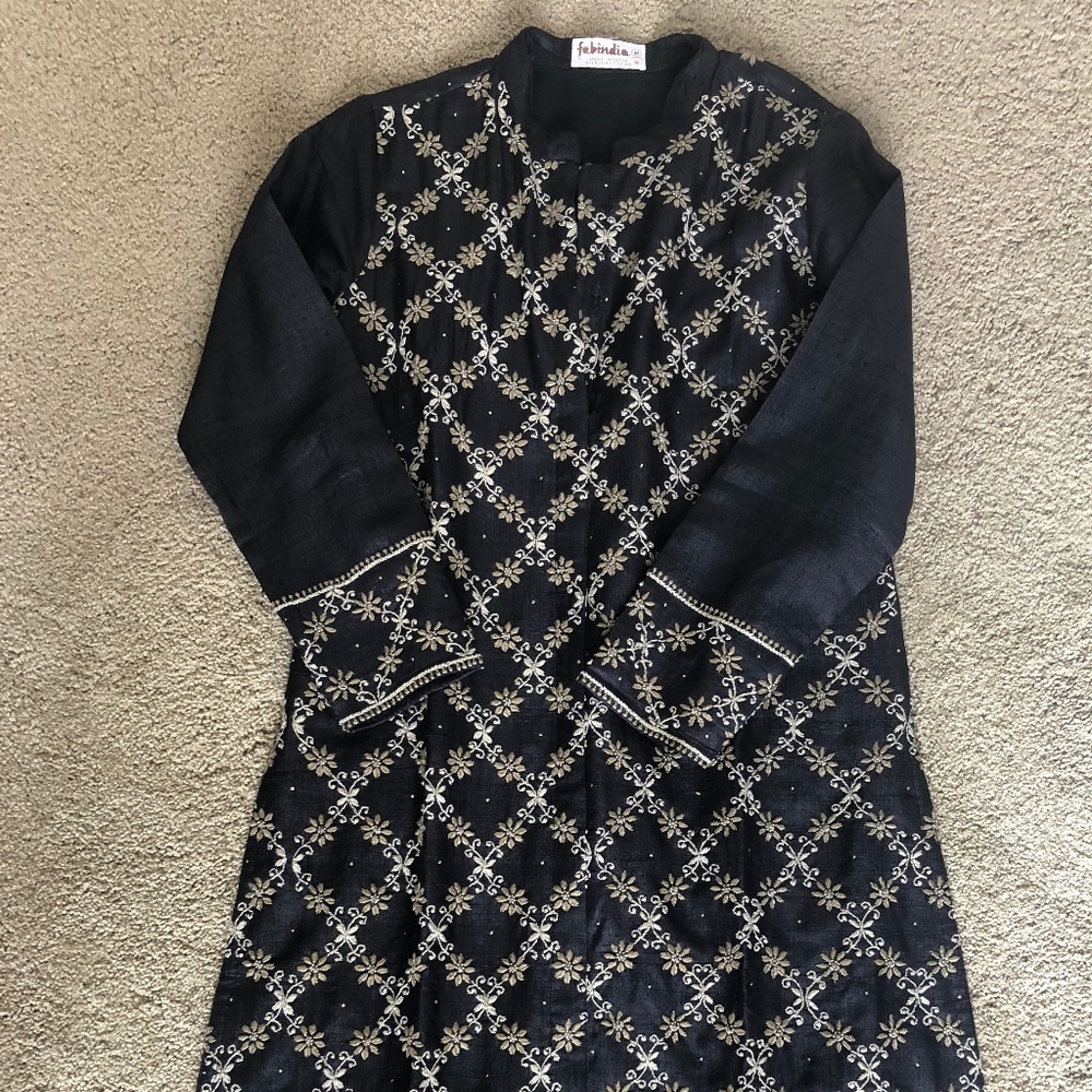 FABINDIA Black Silk Tussar Embroidered Kurta